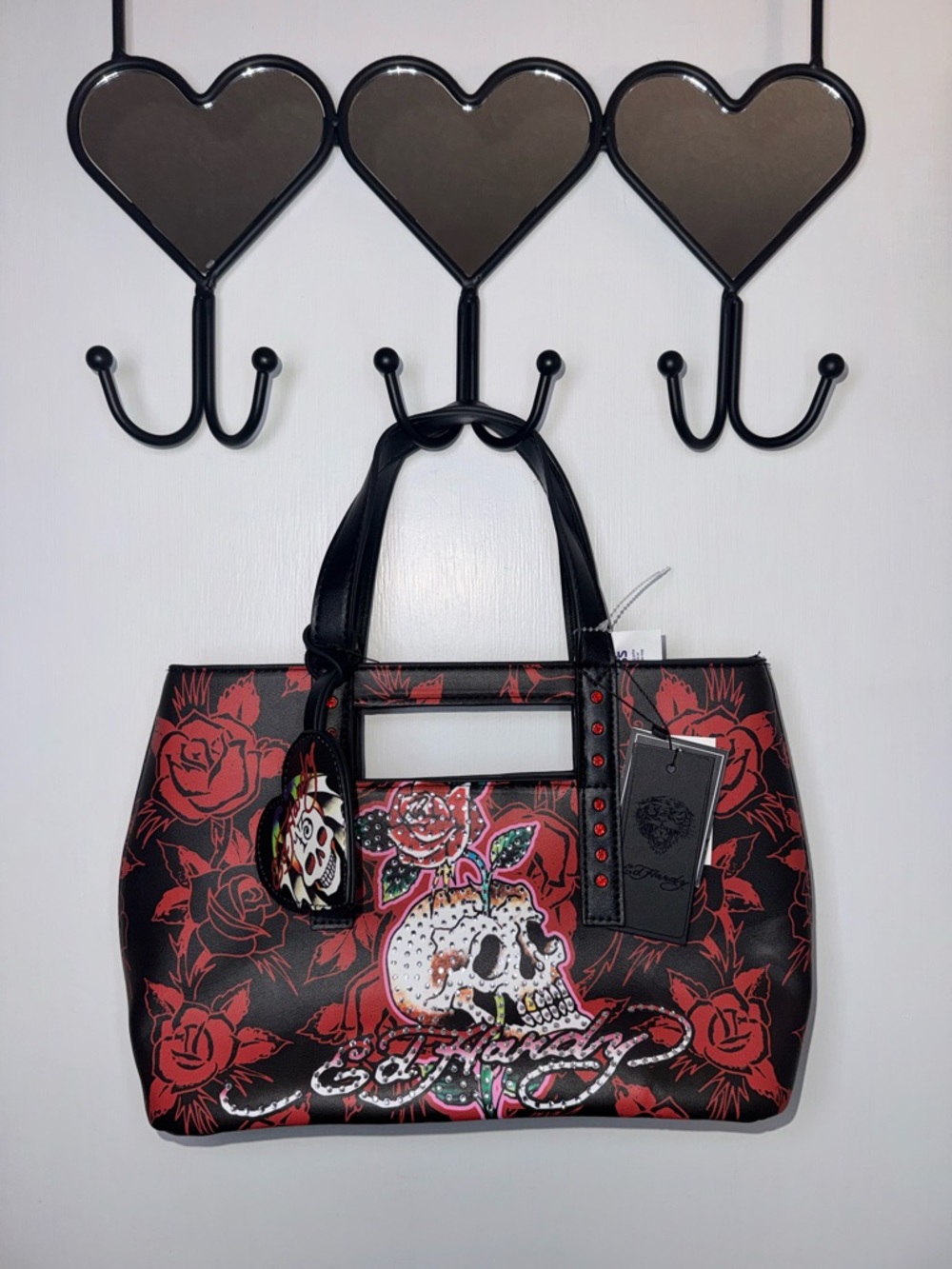 NWT Ed Hardy Black & Red Floral Skull Tote Bag